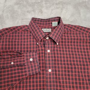 LL Bean Mens Sz L Reg Button Down Long Sleeve Shirt Red Black Gold Check Plaid